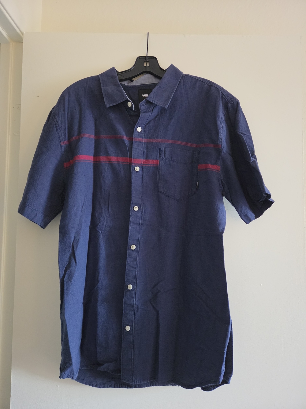 Vans Navy Short-Sleeve Button-Up Shirt with Red Stripes